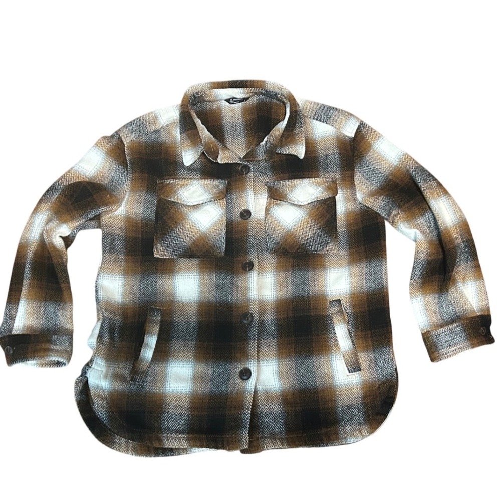 Member's Mark Plaid Shacket Brown Herringbone Button Front Shirt Jacket Medium